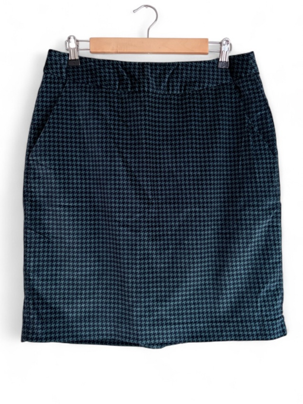 L.L. Bean Green and Navy Houndstooth Plaid Velvet Pencil Mini Skirt Size 10